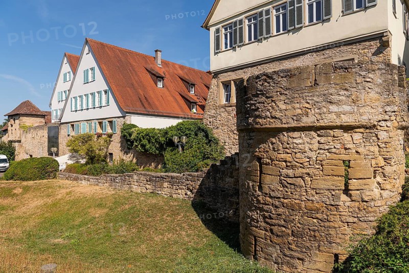 City wall with roundel defence tower and city moat, old town of Marbach am Neckar, historic city fortification, medieval town, city history, medieval townscape, fortification tower, masonry, defensive wall, defensive structure, city gate, fortress, city moat, historic architecture, half-timbered houses, Neckar area, medieval period, monument, cultural monument, historical landmark, gabled houses, green space, Baden-Württemberg, Germany