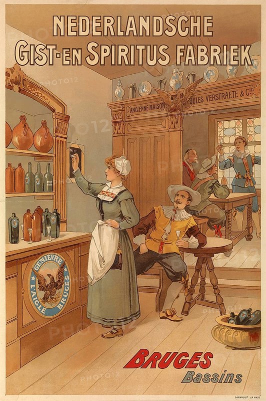 Advertising poster, beverage advertisement, advertising poster by the Nederlandsche Gist- und Spiritusfabriek, Dutch yeast and spirits factory, published for its branch in Bruges. In the lower left area, the poster specifically promotes the Genièvre L'Aigle genever produced there. The scenery is in the historicizing style of an Old Dutch or Flemish tavern. In the foreground is a taproom in traditional traditional costume with a white bonnet and apron, who makes chalk inscriptions on a blackboard. Sitting in front of her is a drinking guest in fashionable 17th century clothing, authentic reproduction of a historical advertising poster, advertising sign, in high resolution, historical