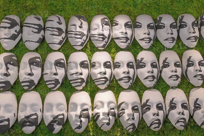 Artwork installation with multiple masks, Hotel One 66, Ljubljana, SloveniaLjubljana, Slovenia