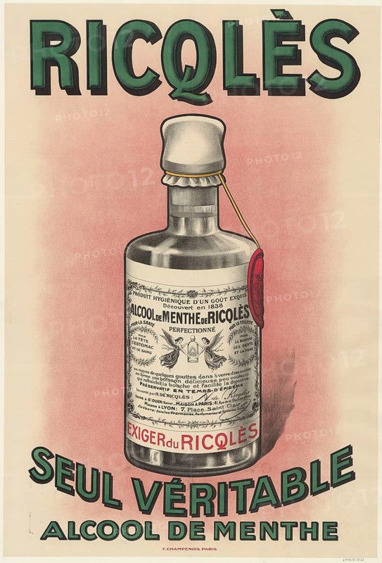 Advertising poster, beverage advertisement, advertising poster shows the Ricqles brand, known for its mint alcohol. The bottle pictured is an Alcool de Menthe, a French mint oil supplement that has existed since 1838. The poster is by Leonetto Cappiello, a well-known Art Nouveau artist. The bottle is described as a hygienic product with exquisite taste and for the care of teeth and skin, authentic reproduction of a historical advertising poster, advertising sign, in high resolution, historical