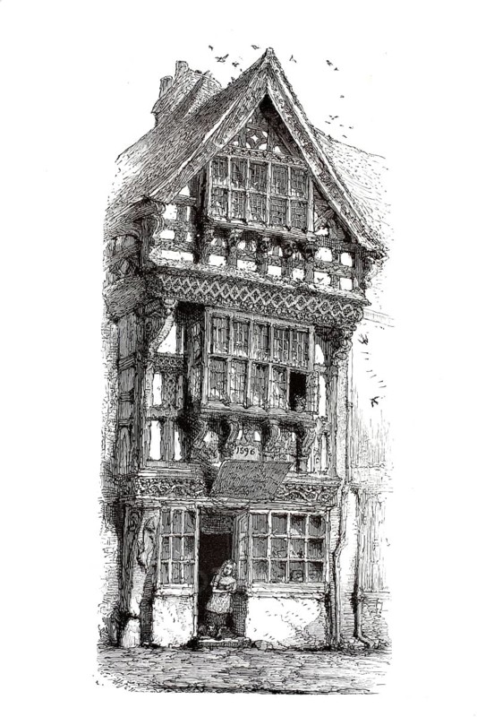 Timbered house in Stratford from 1596, England, illustration, reproduction from a 19th century model. Authentic, file restored for optimal use, exact date of submission unknown, historical