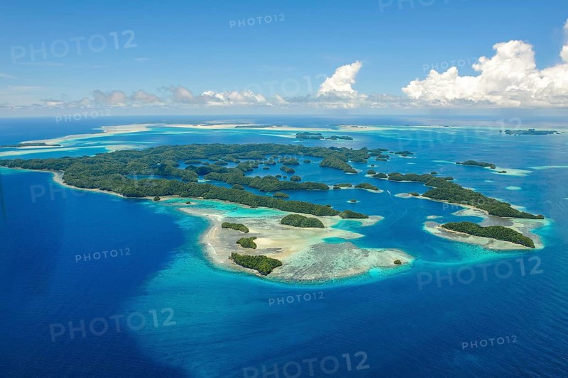 Aerial view of Chelbacheb Islands Rock Islands 70 Seventy Islands of island paradise Palau, island state of Palau in the West Pacific, Pacific, Republic of Palau, Micronesia, Australia, Oceania
