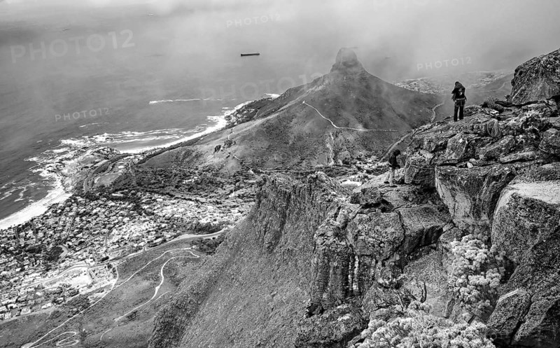 Mountaineers on Table Mountain, Lion's Head in the background, b/w photo, black and white, Cape Town, Western Cape, South Africa