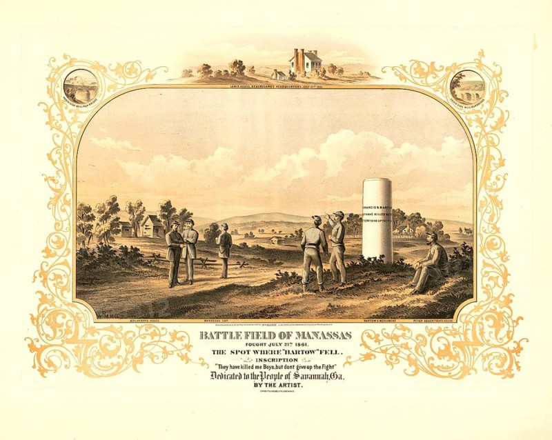 Historical lithograph commemorating the First Battle of Bull Run, First Battle of Manassas, dated July 21, 1861. The depiction recalls the spot where the Confederate Colonel Francis S. Bartow fell during the battle, with the inscription They have killed me Boys, but don't give up the fight. The work shows the battlefield with the headquarters of General P.G.T. Beauregard in the background and the monument erected in honor of Bartow, American history, authentic, digitally restored reproduction from a 19th-century model, exact date of depiction unknown, historical