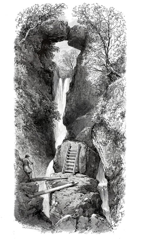 Waterfall at Dungeon Ghyll, watercourse in the Lake District, Cumbria, England, illustration, reproduction from a 19th century model. Authentic, file restored for optimal use, exact date of submission unknown, historical