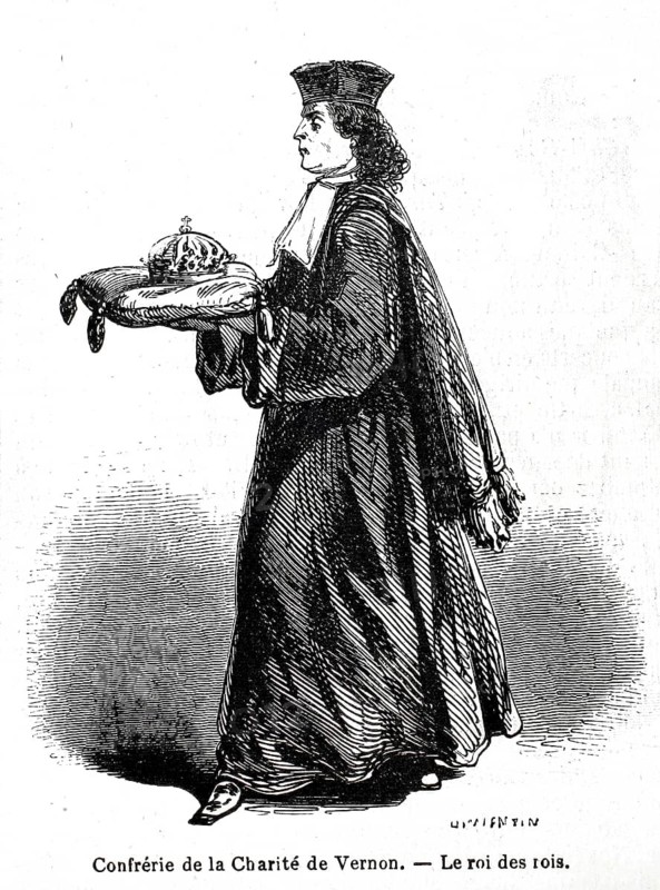 A historical depiction of a dignitary of the Confrérie de la Charité de Vernon, the figure is wearing a ceremonial, traditional brotherhood robe (talar), as well as a ruff and a distinctive headdress. He is holding a crown on an elaborately decorated cushion. The Confréries de la Charité are traditional lay brotherhoods that have existed, particularly in Normandy, since the Middle Ages. Their main task was, and remains, the organisation of funerals and the provision of support to those in need, 1860, France, authentic, high-resolution reproduction of a 19th-century original, exact date of the depiction unknown, historical