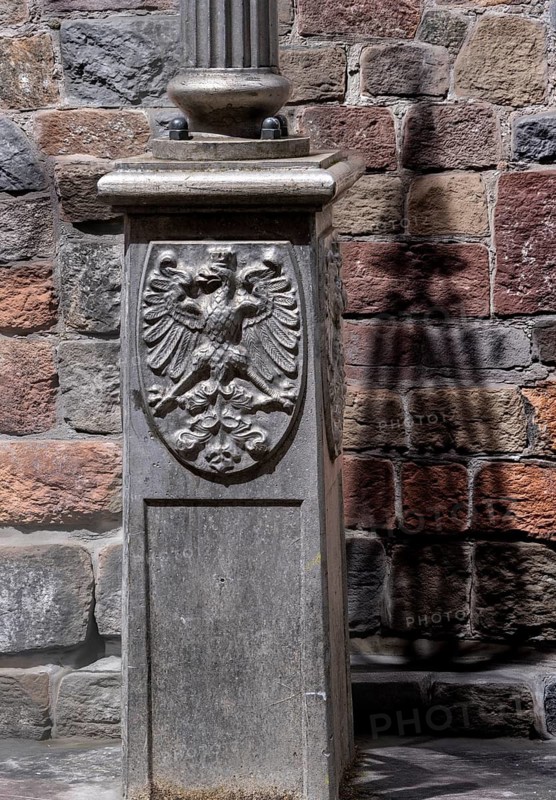 Frankfurt city coat of arms on the base of an old candelabra in the old town, Hesse, Germany