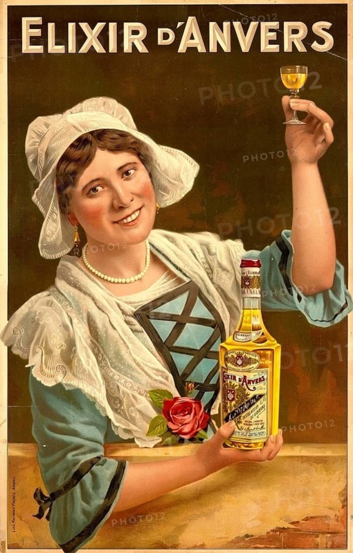 Advertising poster, beverage advertisement, advertising poster for Elixir d'Anvers, a Belgian liquor brand created around 1910. It depicts a smiling woman in traditional clothing holding a bottle of liquor and a filled glass, authentic reproduction of a historical advertising poster, advertising sign, in high resolution