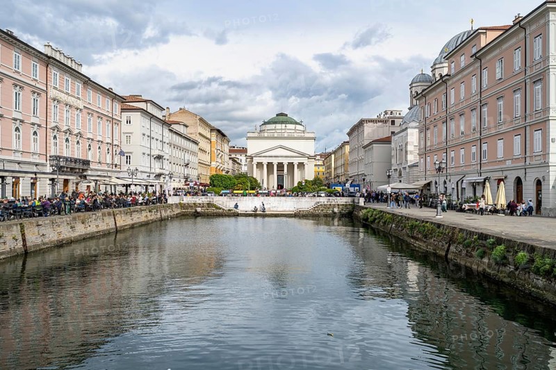 Grand Canal with restaurants, Sant'Antonio Taumaturgo church in the back, Borgo Teresiano, Trieste, Friuli-Venezia Giulia region, Italy