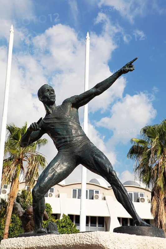 Usain Bolt statue at National Stadium, Kingston, Kingston Parish, Jamaica, West Indies, Caribbean, Central America