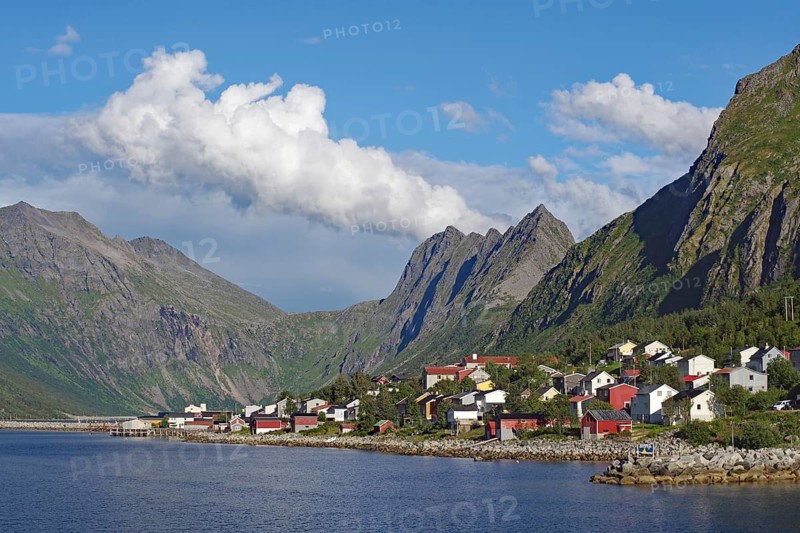 Small picturesque settlement on a fjord surrounded by imposing mountains under a clear blue sky, Gryllefjord, Senja, Troms, Norway