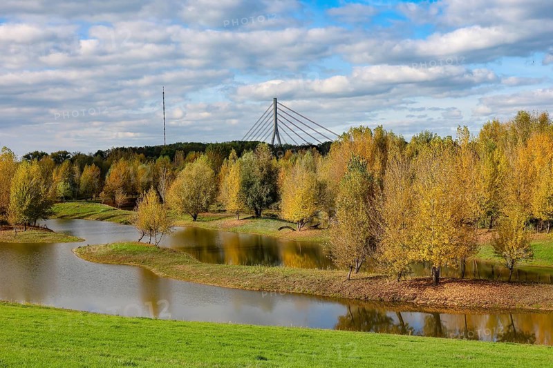Wesel, Lower Rhine, North Rhine-Westphalia, Germany - autumn on the Lippe, trees with colorful autumn leaves in the restored river floodplain area of Büdericher Insel above the mouth of the Lippe into the Rhine, Lippe estuary nature reserve, in the back the Lower Rhine bridge Wesel