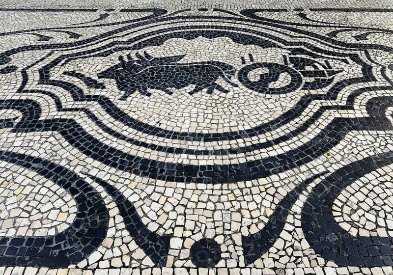 Black and white paving, Calçada Portugesa, traditional limestone and basalt mosaic paving, identity-creating cultural heritage, Porto, Portugal