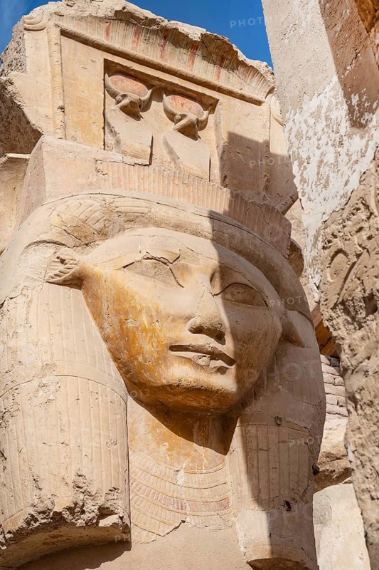 The Hathor capital columns, iconic ancient Egyptian pillars featuring the face of the goddess Hathor at the Temple of Hatshepsut, Luxor. Egypt