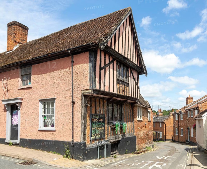 Historic buildings timber framed Angel pub and Angel Lane, town of Woodbridge, Suffolk, England, UK