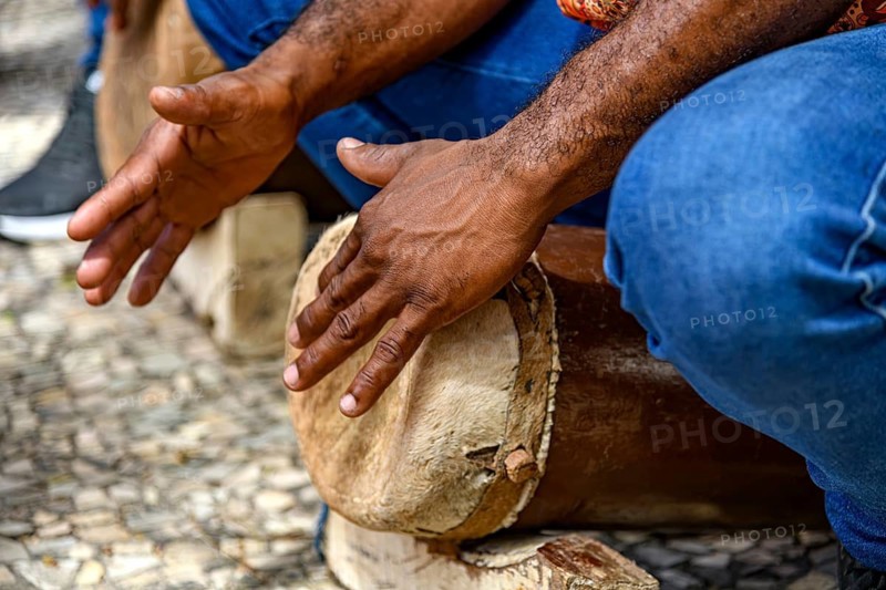 Man playing a drum typical of the *tambor de crioula* in the state of Maranhao, Brazil, Sao Luis, Maranhao, Brasil