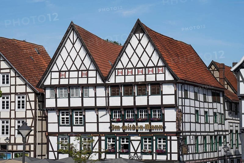 Historische Fachwerkhäuser am Markt, Restaurant, Im Wilden Mann, Elevated Standpoint, Soest, Westphalia, North Rhine-Westphalia, Germany