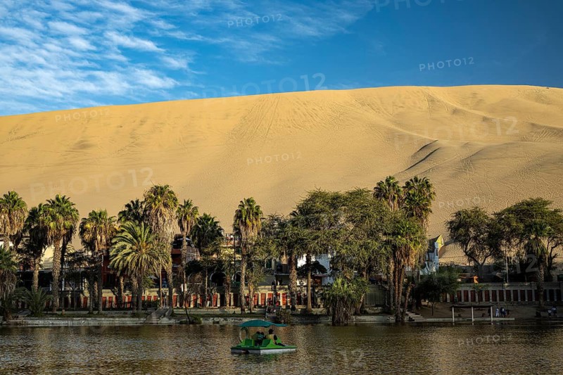 The oasis, Laguna Huacachina with a small lake and palm trees surrounded by sand dunes in the Ica region, coastal desert, southern Peru, Peru, South America
