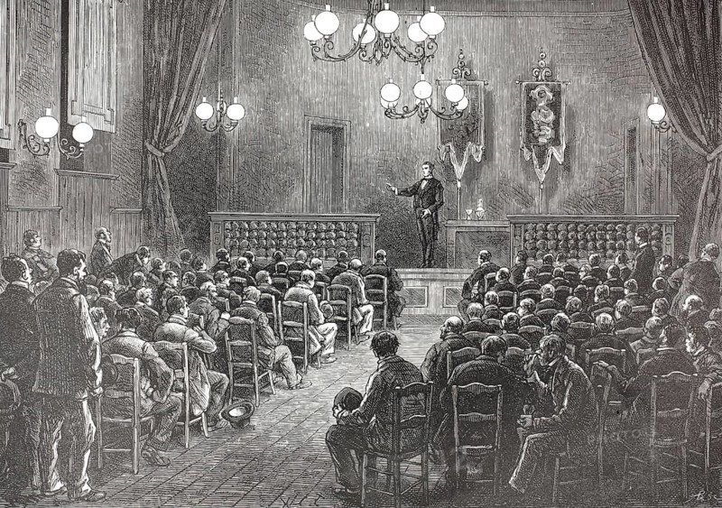 A 19th-century gathering depicting a speaker addressing a large audience, presumably a conference for workers at the Dollfus-Mieg workshops (DMC) in Dornach, Alsace, illustration, reproduction of a 19th-century original. Authentic, file restored for optimal use, exact date of the original unknown, historical