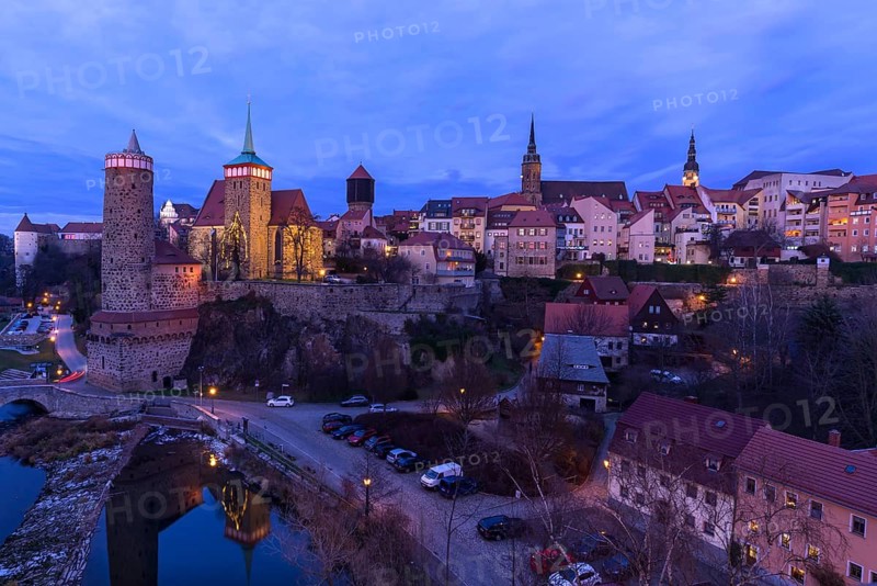 View of the old town with towers and city wall at dusk, Bautzen, Upper Lusatia, Saxony, Germany