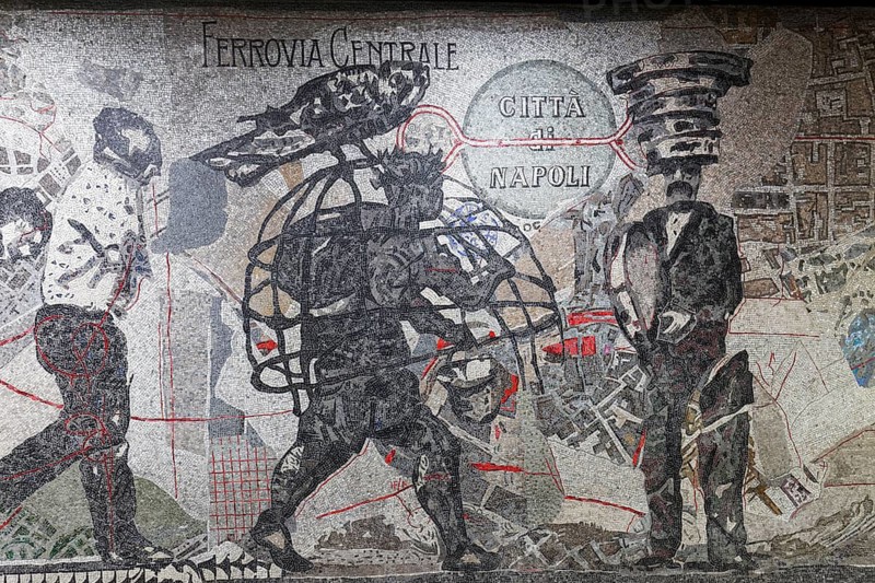 Toledo metro station, excerpt from the Naples Procession mosaic wall by William Kentridge, art subway, Metrò dell'Arte, Naples, Campania, Italy