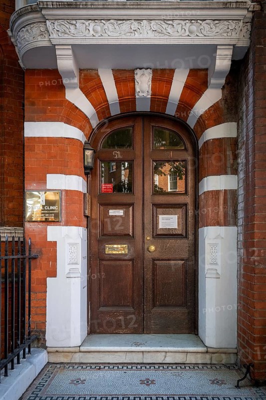 Elaborately designed house entrance, Victorian brick town house, Cadogan Gardens, Relais & Chateau Hotel, Sloane Square, Borough of Chelsea and Kensington, London, England, Great Britain, Great Britain
