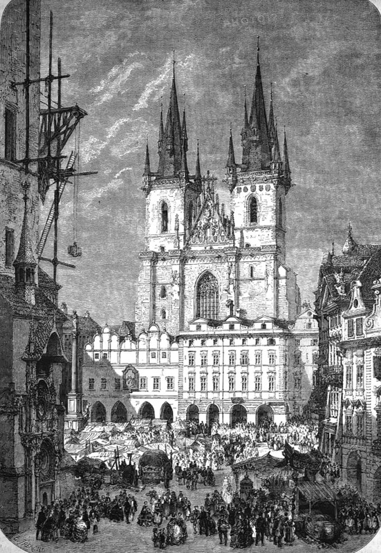 Old Town Square in Prague with the distinctive Tyn Church in the background, 1860, Czech Republic, authentic, high-resolution reproduction from a 19th century model, exact date of presentation unknown, historical