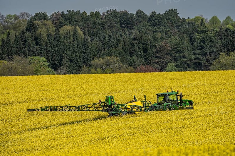 Agriculture, rapeseed field in full bloom, farmer sprays the field with a John Deere M952 trailer sprayer, plant protection products are sprayed against pests during rape bloom, rapeseed is particularly susceptible to pests during flowering, or is sprayed against fungal diseases, fungicides, all products must be compatible with bees, North Rhine-Westphalia, Germany