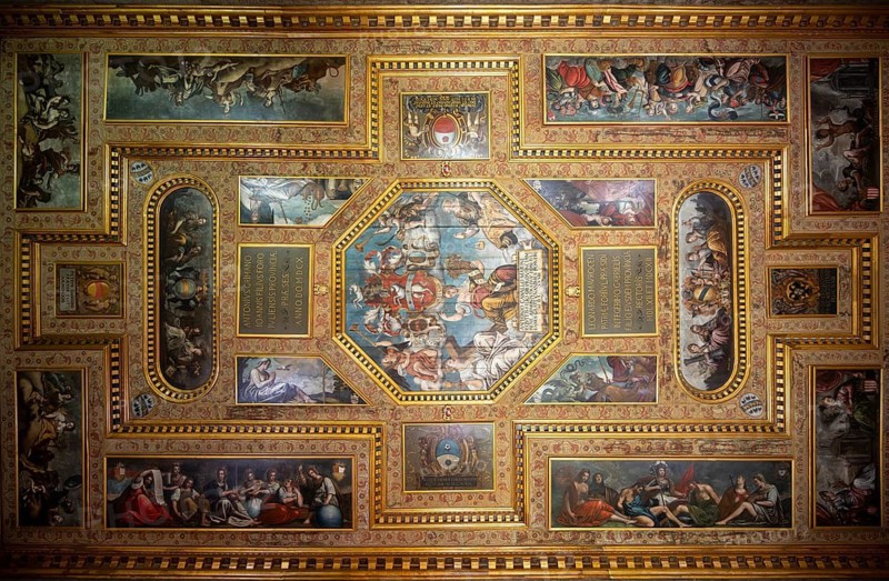 Parliament room with ceremonial ceiling and ceiling painting, Castello di Udine, Udine, Friuli-Venezia Giulia, Italy