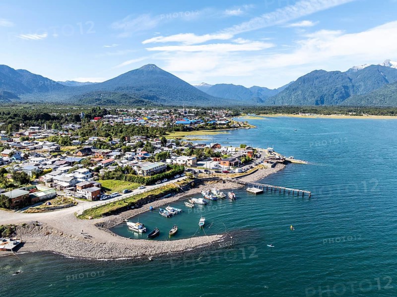 Aerial view, city view with harbor and sea, Hornopirén, Patagonia, Los Lagos, Chile