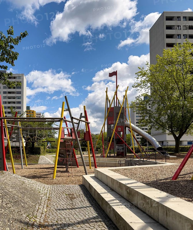 Playgrounds and skyscrapers in the Märkisches Viertel social housing development in the north of Berlin, MV, Germany