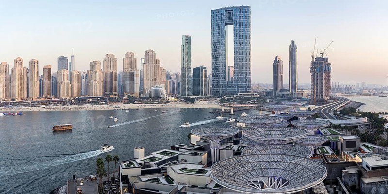 Dubai skyline on Bluewaters Island with JBR Beach and Dubai Marina panorama from above in Dubai, United Arab Emirates
