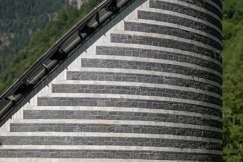 Detail, sloping roof, Roman Catholic church of San Giovanni Battista, built in the same place as the village church destroyed by avalanche in 1986, architect Mario Botta, Mogno, Maggia Valley, Valle Maggia, municipality of Lavizzara, Canton of Tessin, Switzerland