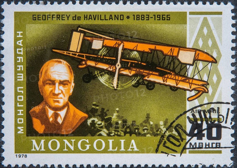 Geoffrey de Havilland (1882–1965) was a British aircraft designer who founded the de Havilland Aircraft Company. Portrait on a Mongolian postage stamp