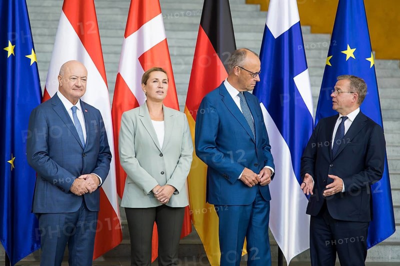 From left to right: Christian Stocker Austria, Mette Frederiksen Denmark, Federal Chancellor Friedrich Merz Germany and Petteri Orpo Finland taking a family photo with the heads of state and government of several like-minded EU states on the next multiannual financial framework in the Federal Chancellery, Berlin, 30.03.2026