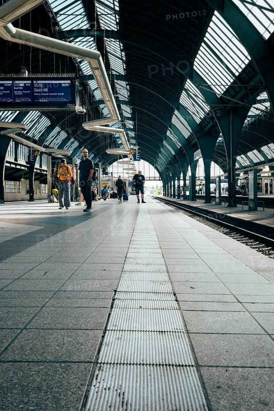 Historic track hall, station concourse of Karlsruhe Central Station with its distinctive, arched steel girders and glass roofs, Karlsruhe, Baden-Württemberg, Germany
