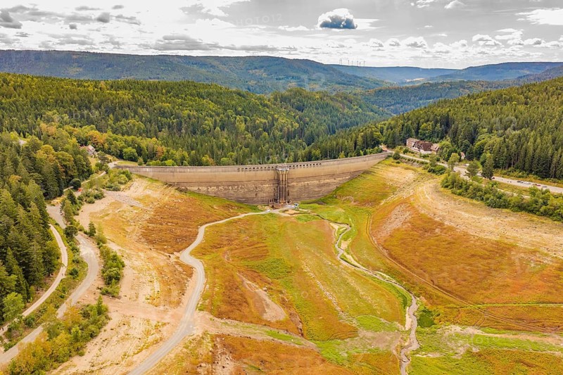 Dam in an autumnal mountain landscape, surrounded by extensive forest areas, rehabilitation of the Schwarzenbach dam, Forbach, Black Forest, Germany