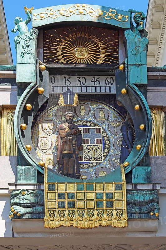 Historic clock in Art Nouveau style, anchor clock from 1911 on the Hoher Markt in Vienna, capital of Austria