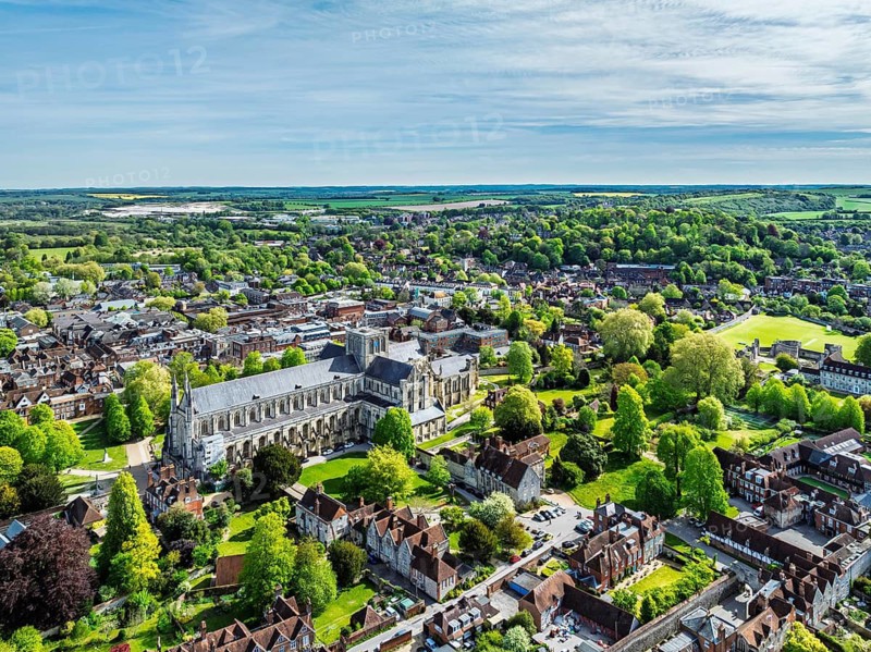 Winchester Cathedral from a drone, Winchester, Hampshire, England, United Kingdom