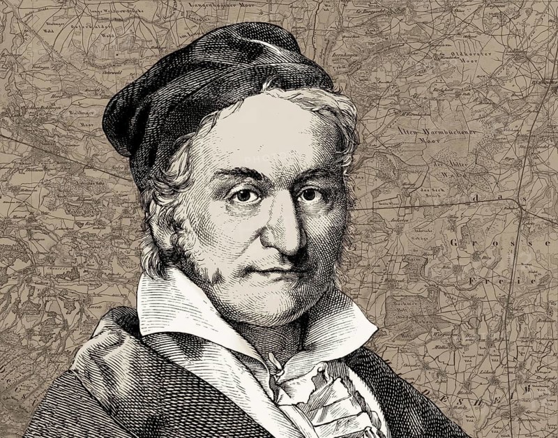 Portrait of Johann Carl Friedrich Gauss, 1777 - 1855, German mathematician, astronomer and physicist, digitally edited based on a historical painting by Christian Albrecht Jensen, 1840, in the background the topographical atlas of the Kingdom of Hanover by Augustus Papen, based on the results of the Gauß region survey (Landesaufnahme) and triangulation by Carl Friedrich Gauß between 1818 and 1826