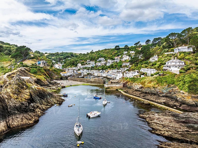 Polperro Harbour and Village from a drone, Polperro, Looe, Cornwall, England, United Kingdom