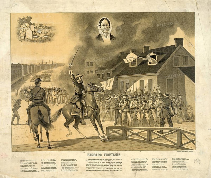 A historical print by Currier & Ives depicting the legendary episode involving Barbara Frietchie (1766–1862) during the American Civil War. The illustration shows the elderly Barbara Frietchie in Frederick, Maryland, bravely waves the Union flag from her window despite the advancing Confederate troops, American history, authentic, digitally restored reproduction of a 19th-century original, exact date of the scene unknown, historical