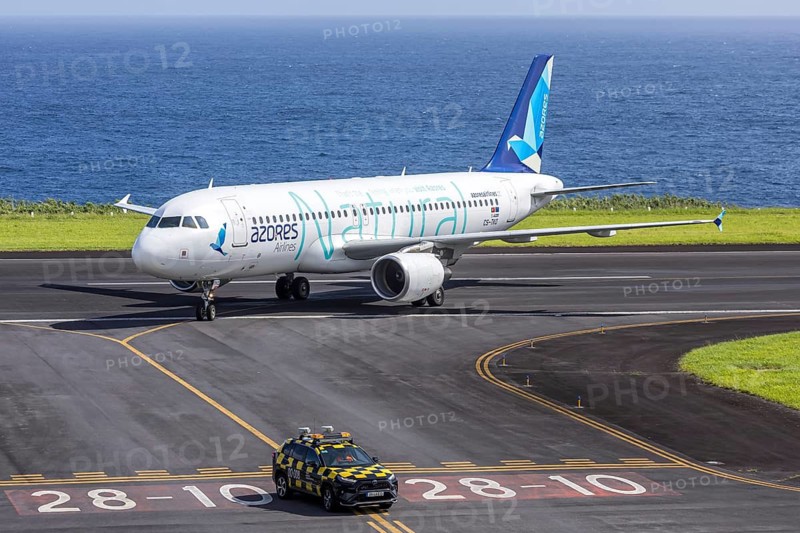 An Azores Airlines Airbus A320 aircraft with the license plate CS-TKQ at Horta Airport, Portugal