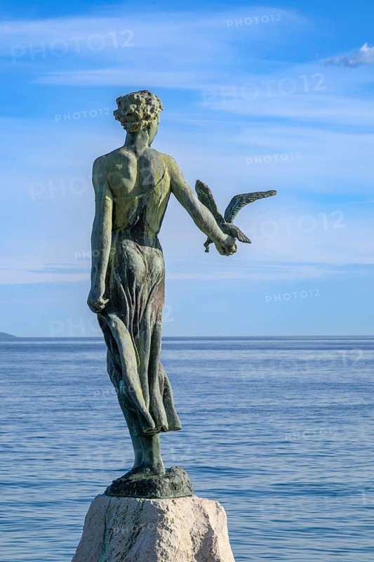 Maiden with Seagull sculpture which overlooks Kvarner Bay, by Zvonko Car in 1956, Opatija, Kvarner, Croatia