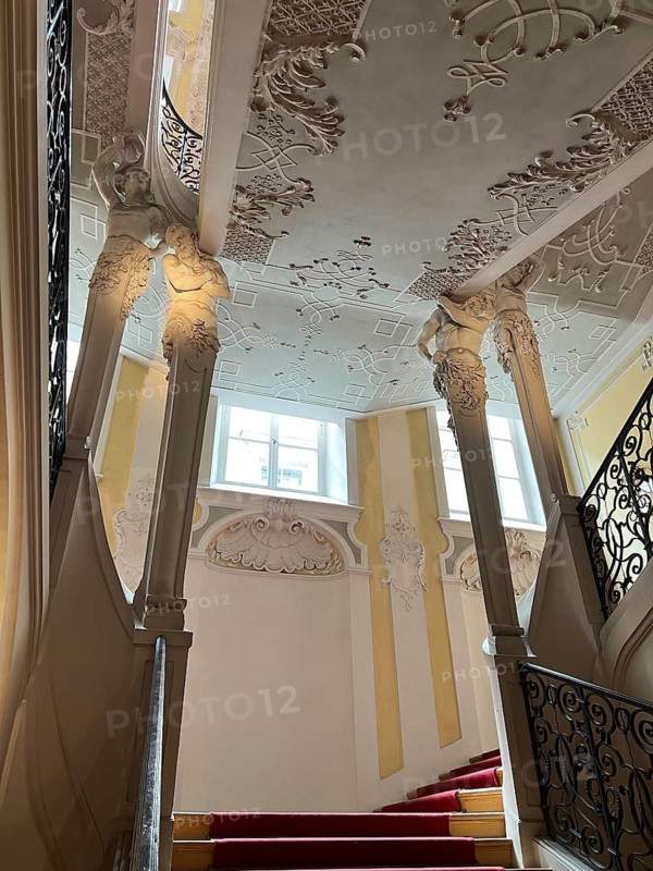 Artistic staircase decorated with stucco in the Preysing Palace, Munich, Upper Bavaria, Bavaria, Germany
