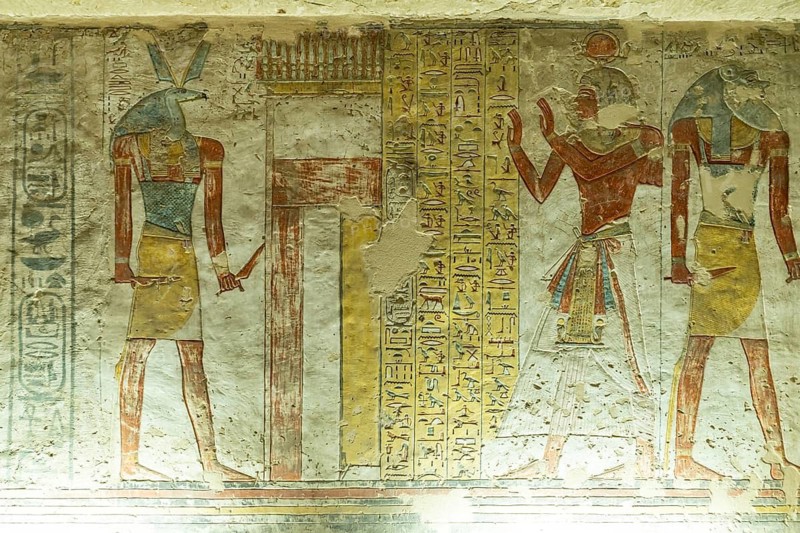 Reliefs in the ancient Egyptian tomb of Tausret and Sethnacht in the Valley of the Kings near Luxor, Egypt