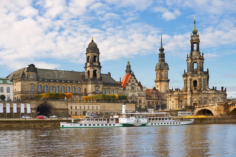 View across the Elbe to the historic old town with Ständehaus, Residenzschloss and Hofkirche, Dresden, Saxony, Germany