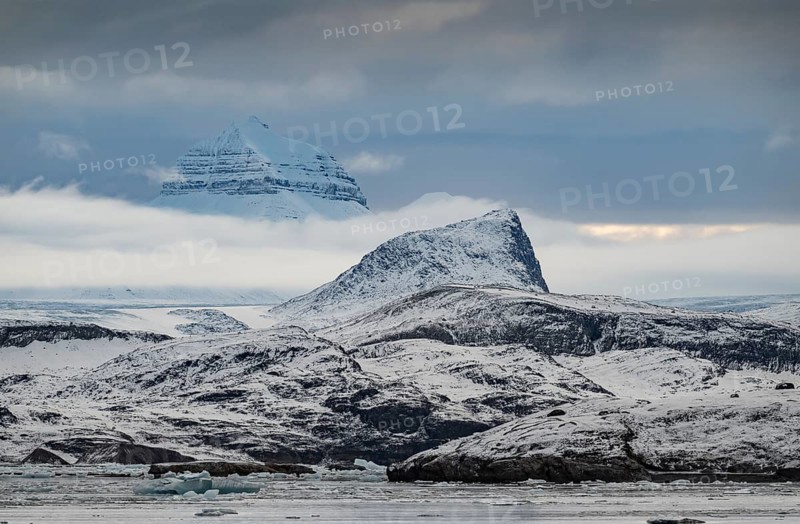 One of the three mountains: Tee Kroner (Three Crowns), Kronebreen or Kronengletscher Glacier, Kongsfjord or Kongsfjorden, the Svalbard archipelago, Svalbard, Norway