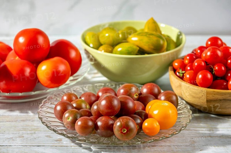 Different types of tomatoes presented on a table in natural light