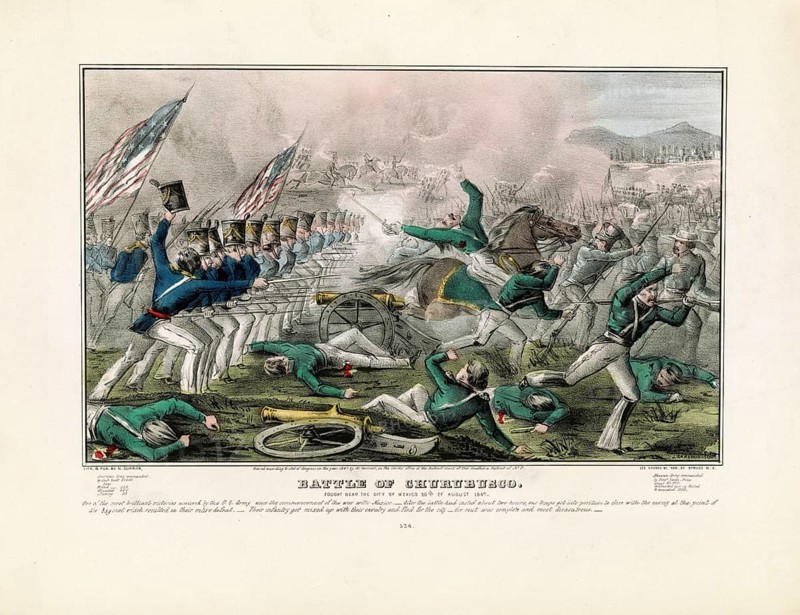 Historic lithographic print titled Battle of Churubusco depicting the Battle of Churubusco on August 20, 1847 during the Mexican-American War. The print published by Nathaniel Currier and John Cameron depicts the advance of US troops near Mexico City. On display is a battle scene with advancing American infantry, US flags, mounted soldiers as well as fallen Mexican soldiers and abandoned artillery, American history, authentic, digitally restored reproduction from a 19th-century model, exact date of depiction unknown, historical